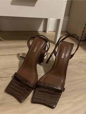 Fashion Nova Brown Croc-Embossed Strappy Block Heels